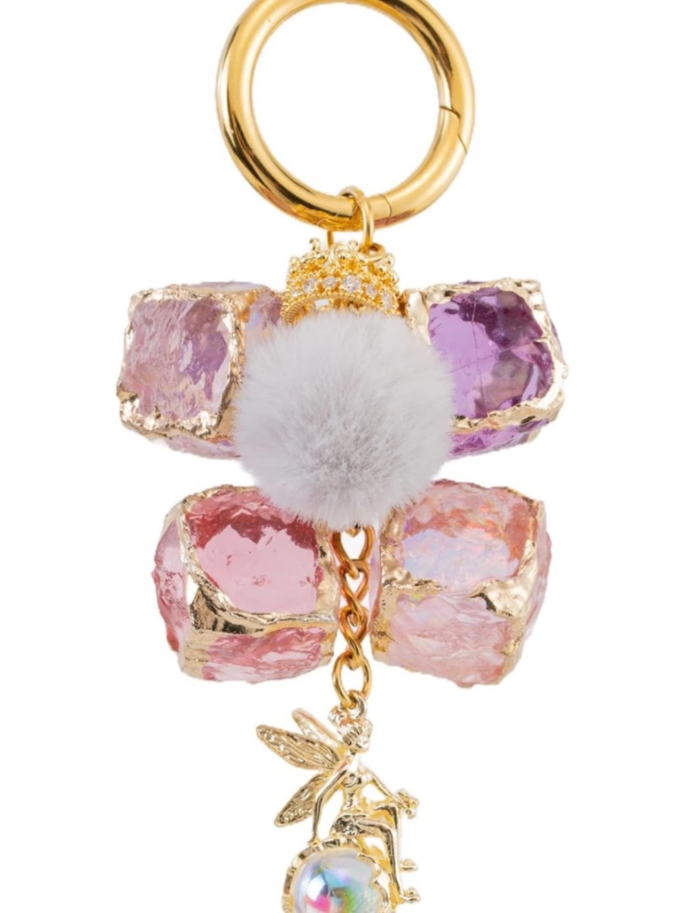 Gold-Tone Pink & Purple Crystal Pom-Pom Bag Charm - COMES BOXED